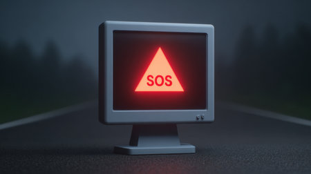 A striking image of a retro computer monitor displaying a red SOS alert against a dark, eerie road backdrop, symbolizing urgency and danger.の素材