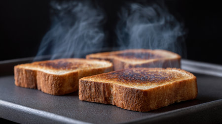 Close-up image of freshly toasted bread slices with steam rising, showcasing the golden-brown color and crispy texture perfect for food lovers.の素材