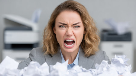 A frustrated businesswoman yells in an office space, surrounded by crumpled paperwork, showcasing the emotional turmoil of a hectic work environment.の素材