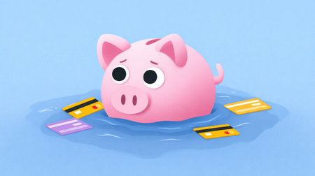A charming illustration of a pink piggy bank struggling in water surrounded by credit cards. This image captures concerns over financial management and overspending, evoking feelings of economic stress and the importance of budgeting.の素材