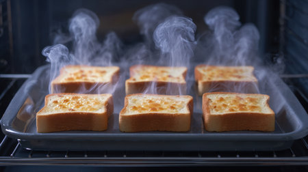 A collection of freshly toasted bread slices sits in an oven, emitting steam and showcasing a golden-brown texture, perfect for breakfast or snacks.の素材