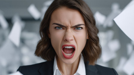 A powerful portrait of an angry businesswoman expressing frustration in an office setting, surrounded by flying papers. This image captures the intensity of workplace stress.の素材
