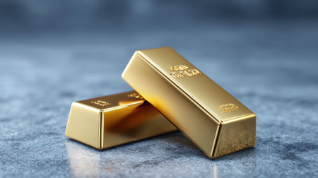 Two pristine gold bars rest on a sleek metallic surface, capturing light to create reflections. This image symbolizes wealth, luxury, and elegance.の素材
