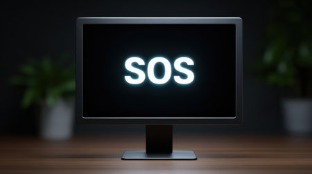 A computer monitor displays a bright SOS signal in a darkened room, symbolizing an urgent call for help and emergency response. Perfect for illustrating crisis situations or technology's role in communication.の素材
