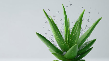 A striking image of a vibrant aloe vera plant surrounded by a refreshing water splash, perfect for wellness and beauty themes in natural living.の素材