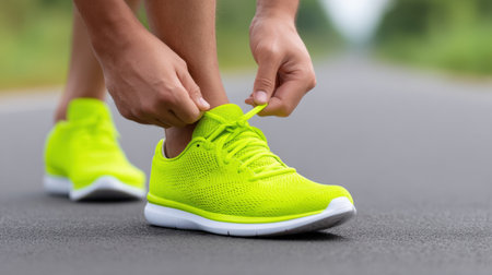 A person ties the laces of bright yellow sneakers while preparing for a run on an outdoor path, capturing the essence of fitness and active lifestyle.の素材