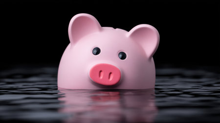 A charming pink piggy bank floats serenely on the water, symbolizing the importance of saving and financial responsibility in a playful manner.の素材