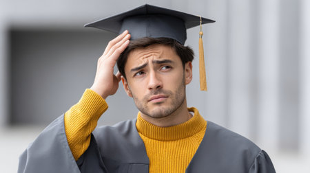 A young male graduate with a puzzled expression wearing a graduation cap and gown. He holds his hand on his head, reflecting uncertainty about his future.の素材