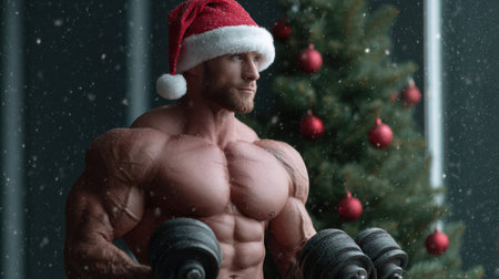 A muscular man wears a Santa hat while lifting weights near a beautifully decorated Christmas tree. Snow falls gently in this festive indoor setting, showcasing strength and holiday cheer.の素材