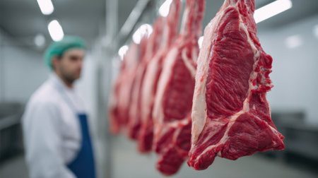 Fresh beef cuts hang in an industrial meat processing facility, showcasing the quality and preparation of meat for culinary uses, emphasizing hygiene and freshness.の素材