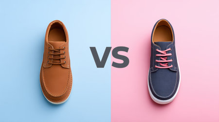 This image features a stylish comparison of a brown casual shoe and a blue casual shoe on contrasting pink and blue backgrounds. Perfect for footwear marketing.の素材
