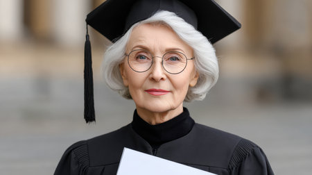 An elderly woman proudly holds her diploma while wearing a graduation robe outdoors, embracing a moment of achievement with grace and joy.の素材
