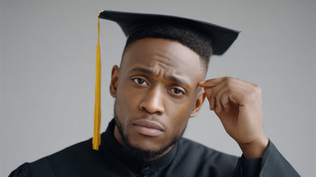 A thoughtful young male graduate wearing a cap and gown reflects on his achievements and future aspirations, showcasing determination and focus.の素材