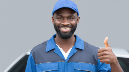A cheerful mechanic in a blue uniform stands confidently near a car, giving a thumbs-up gesture. This image captures joy and professionalism in the automotive industry.の素材
