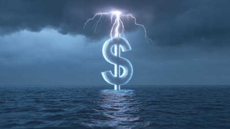 A dramatic representation featuring a dollar sign struck by lightning over a turbulent ocean, illustrating the volatile nature of finance amid economic challenges.の素材
