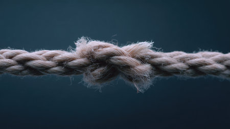 This close-up image showcases a knotted rope with frayed ends, perfectly capturing the textures and details of the fibers against a dark background.の素材