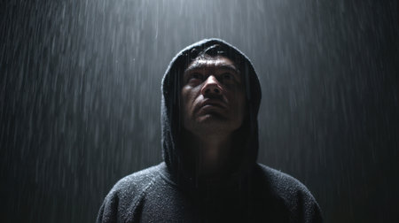 A young man in a hoodie gazes up at the rain-soaked sky under dramatic lighting, capturing emotions of solitude and introspection in an urban setting.の素材