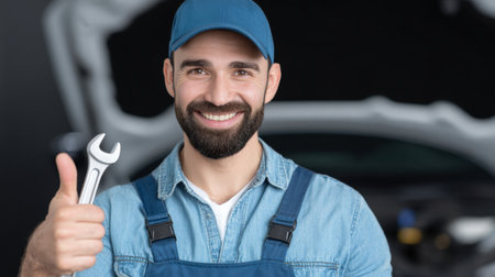 A cheerful mechanic shows confidence by giving a thumbs up while holding a wrench in a well-lit automotive workshop. He showcases a positive attitude and professionalism.の素材