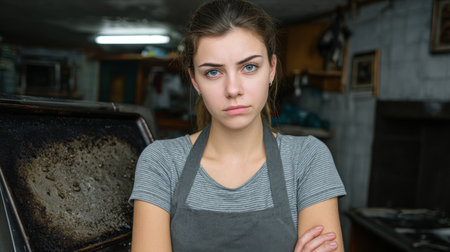 A young woman in a gray apron displays a serious expression in a commercial kitchen. The background features worn equipment, emphasizing a hard-working atmosphere.の素材