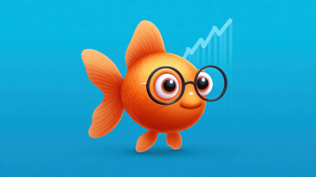 Adorable cartoon goldfish wearing glasses symbolizes intelligence and growth in a vibrant blue setting, ideal for educational and playful themes.の素材