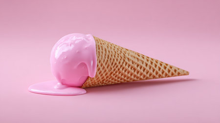 A delicious pink ice cream scoop atop a waffle cone is melting onto a soft pink surface, depicting a tempting and playful dessert image perfect for summer.の素材