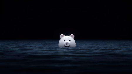 A solitary piggy bank floats in dark water, creating a striking visual metaphor for financial themes, savings, and budgeting concepts. This image captures the essence of isolation and reflection in a creative financial scenario.の素材