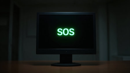 A dark room scene featuring a computer monitor displaying a bright green SOS message. The dim environment emphasizes the urgency of emergency communication.の素材