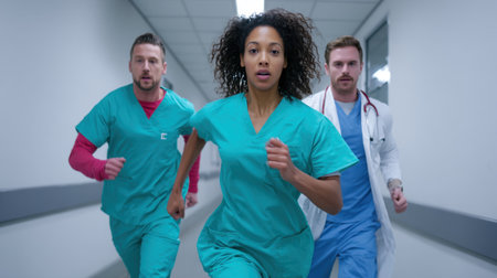 A diverse medical team in scrubs runs through a hospital corridor, showcasing the urgency and dedication of healthcare professionals during an emergency.の素材