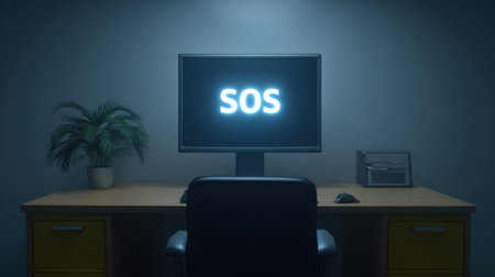 A moody office scene featuring a desk with a glowing monitor displaying an SOS message, surrounded by shadows and a small plant, conveying urgency and concern.の素材