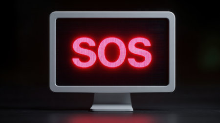 A striking red SOS message illuminated on a sleek computer monitor, conveying urgency and attention for emergency situations requiring immediate response.の素材