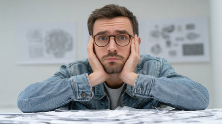 A young man with glasses appears frustrated and stressed as he sits at a cluttered desk surrounded by unorganized papers. He holds his head in his hands, reflecting a moment of confusion and introspection in a bright workspace.の素材