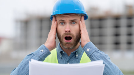 A surprised construction worker in a hard hat and safety vest looks at blueprints with his hands on his head, showing shock and concern at a building site.の素材