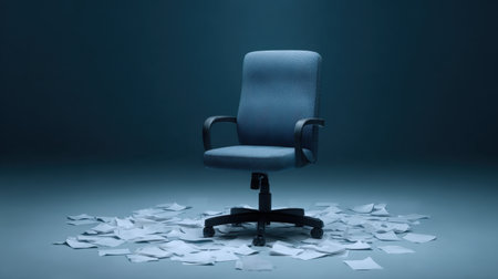 An empty office chair sits amidst a chaotic scattered mess of papers on a subtle blue background, symbolizing disorganization in a workspace.の素材