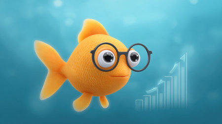 This charming orange fish with glasses adds a whimsical touch to any presentation about growth and success. Ideal for creative projects or educational content.の素材