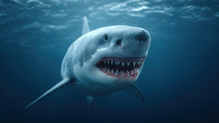 A stunning great white shark glides effortlessly through the deep blue ocean, showcasing its powerful physique and sharp teeth, embodying pure marine beauty.の素材