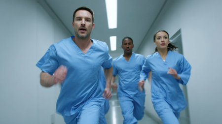 A group of three medical professionals in blue scrubs runs urgently through a hospital corridor, showcasing teamwork and dedication in an emergency situation.の素材