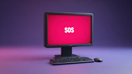 A computer monitor showcases the SOS message in bold letters against a vibrant red background, emphasizing urgency and the need for attention in technology communication.の素材