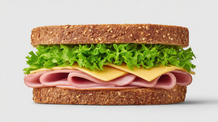 This image features a vibrant sandwich stacked with layers of ham, cheese, and fresh lettuce between slices of whole grain bread, symbolizing health and flavor.の素材