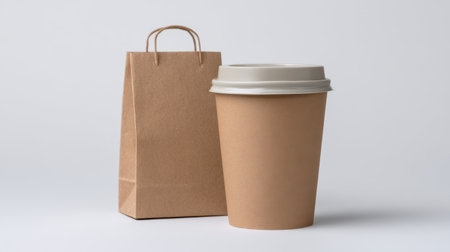 A stylish eco-friendly paper coffee cup sits next to a brown paper bag, perfect for a modern cafの素材