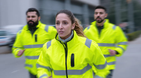 A dynamic scene captures an emergency response team in bright yellow jackets sprinting energetically outdoors. Their focus and teamwork highlight the urgency of their mission in an urban setting.の素材