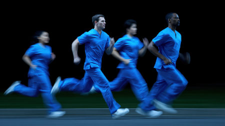 Four dedicated healthcare professionals in blue scrubs sprint forward, embodying teamwork and determination against a dark backdrop, showcasing urgency and purpose.の素材