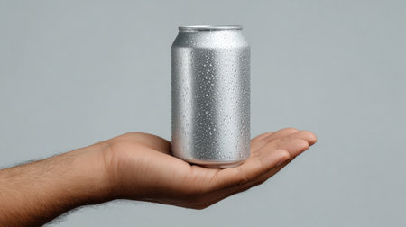 A close-up image showcasing a hand holding a shiny aluminum can covered in water droplets, set against a soft gray background. Perfect for themes of refreshment and hydration.の素材