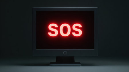 A computer monitor displays a bright red "SOS" message in a dark setting, indicating an urgent need for help or emergency response.の素材