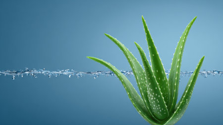 This image features a vibrant aloe vera plant surrounded by a splash of water against a calming blue background. Perfect for health and wellness themes.の素材