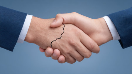 A powerful visual representation of a handshake showcasing both agreement and underlying conflict, symbolizing the complexities of relationships in business.の素材