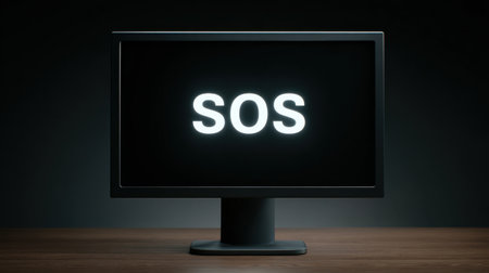 A computer monitor displays the SOS message in bright letters, symbolizing an urgent call for help. The dark backdrop emphasizes the seriousness of the alert.の素材