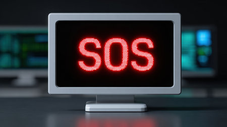A vivid and striking SOS signal is displayed on a modern computer screen, surrounded by a blurred technological background, indicating a state of emergency.の素材