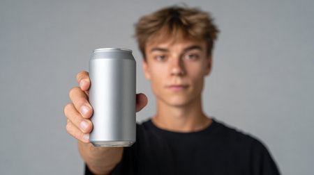 A young man stands against a gray background, confidently holding an empty aluminum can. This image provides a perfect template for beverage product placement or advertising concepts.の素材