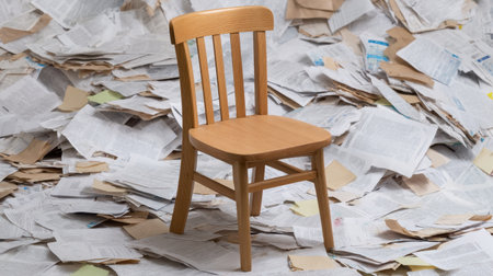 A wooden chair stands alone in a disordered arrangement of papers, showcasing a contrast between simplicity and chaos in an artistic setting.の素材