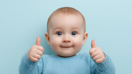 This charming image features a happy baby giving two thumbs up with a delightful smile, showcasing pure joy against a soft blue background.の素材